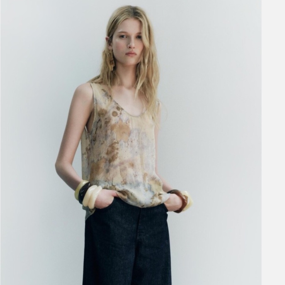 Zara semi-sheer printed top, sleeveless, light brown and yellow, XS